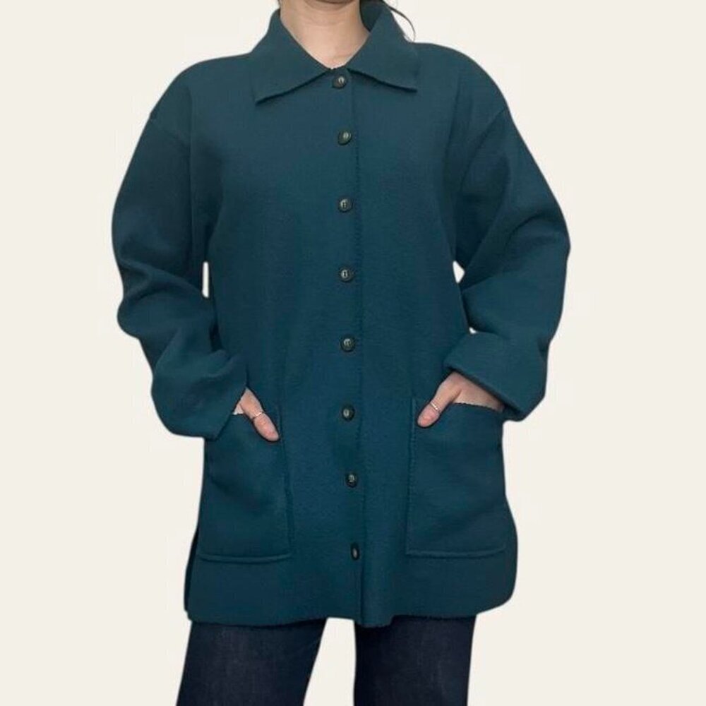 Partners 2000s vintage dark teal fleece button-up shacket felt coat - small - Picture 3 of 8